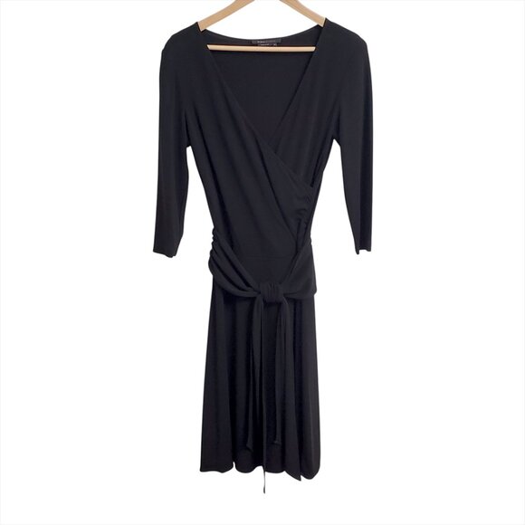 BCBGMaxAzria Black Faux Wrap Midi Dress M 3/4 Sleeve Tie Ruched Minimalist - Picture 2 of 12